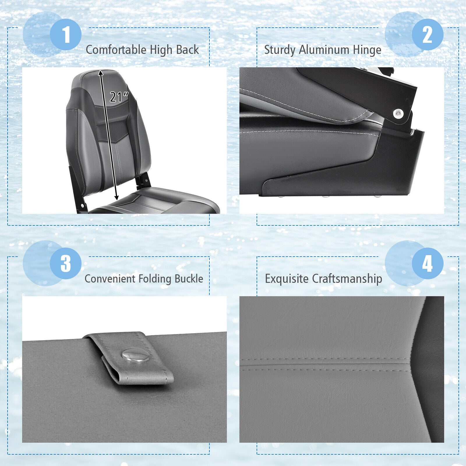 High Back Folding Boat Seat, Sponge Cushion, Flexible Hinges, 1 Piece, Black Water Sports at Gallery Canada