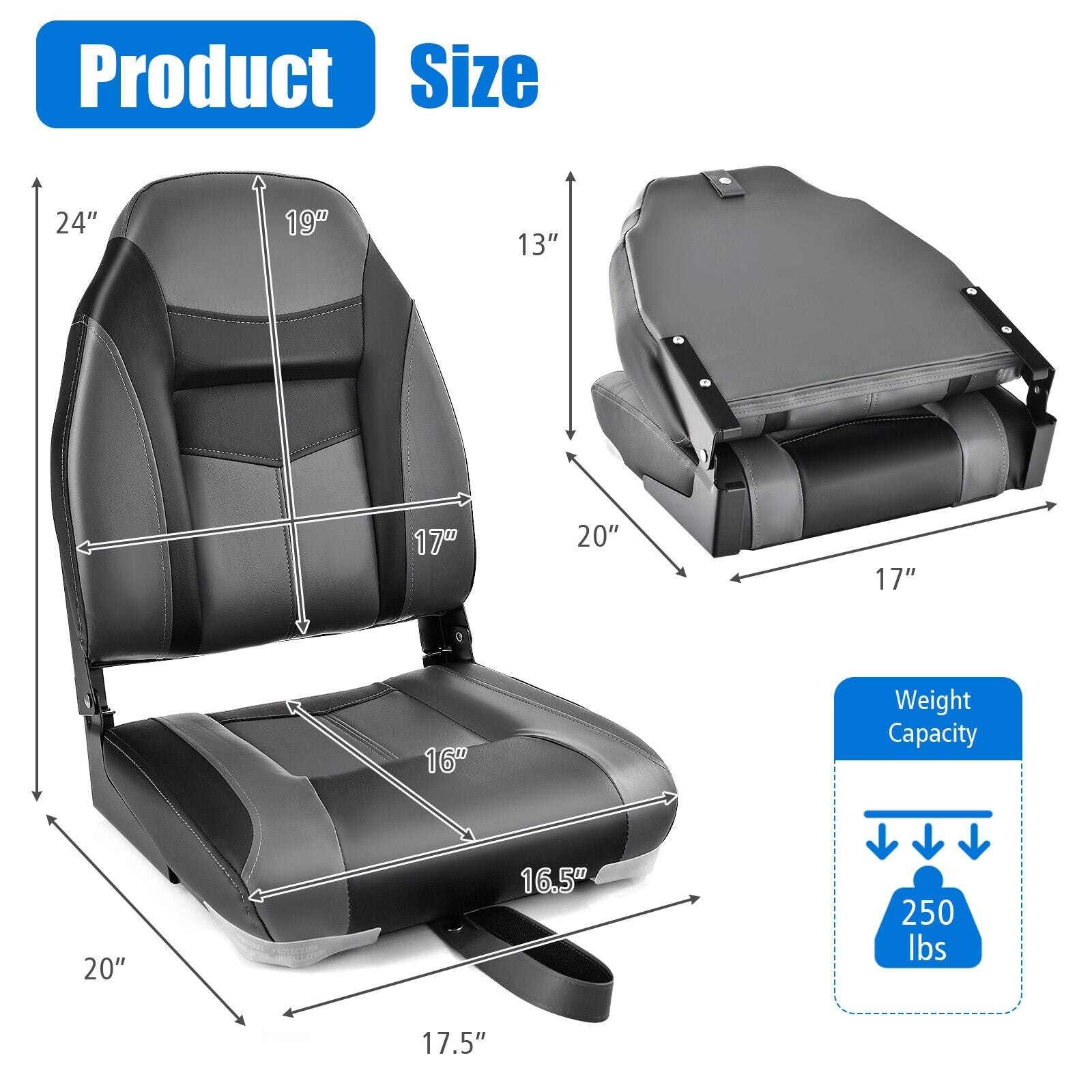 High Back Folding Boat Seats, Grey Cushion, Flexible Hinges, Set of 2, Black Water Sports at Gallery Canada
