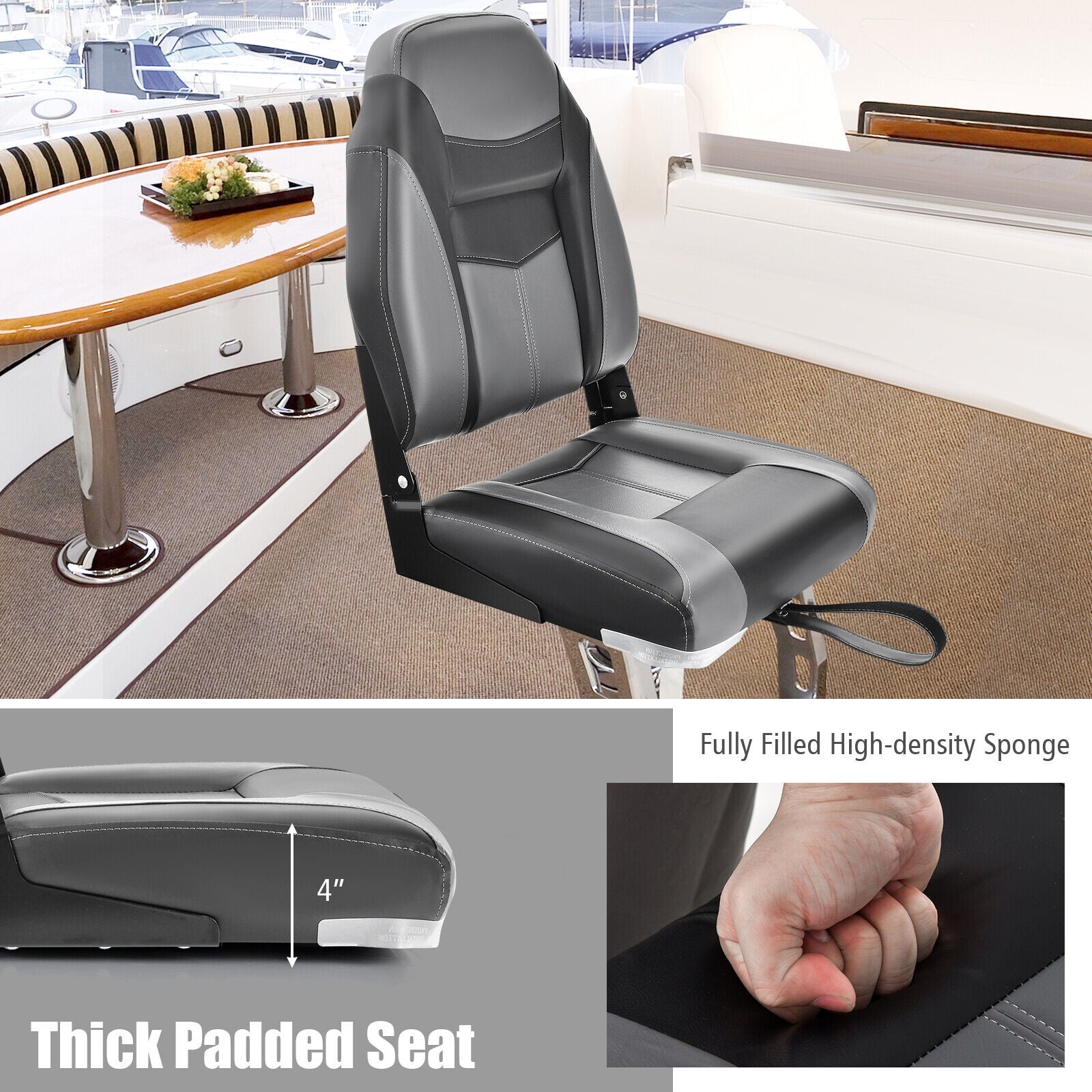 High Back Folding Boat Seats, Grey Cushion, Flexible Hinges, Set of 2, Black Water Sports at Gallery Canada
