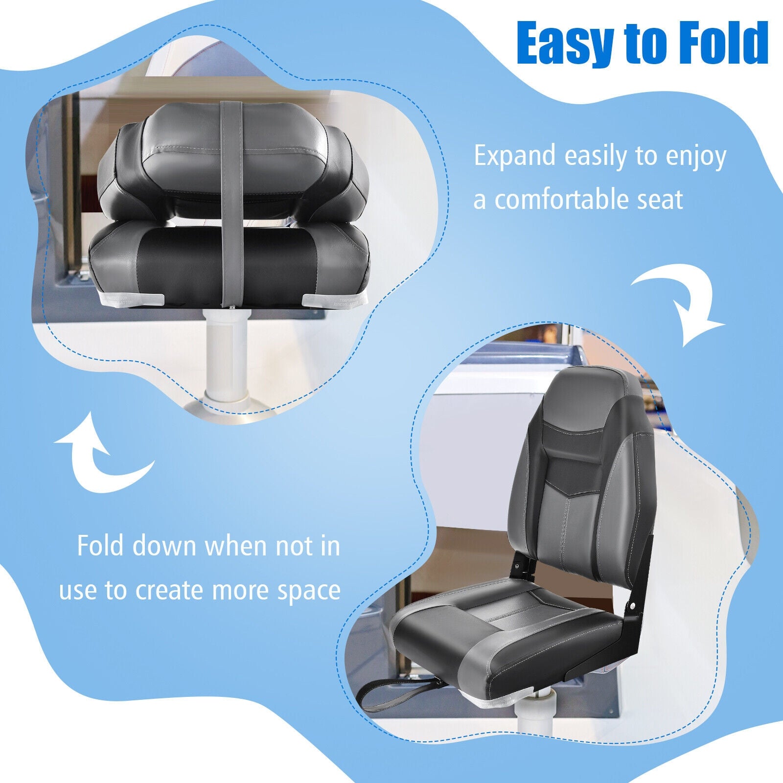 High Back Folding Boat Seats, Grey Cushion, Flexible Hinges, Set of 2, Black Water Sports at Gallery Canada
