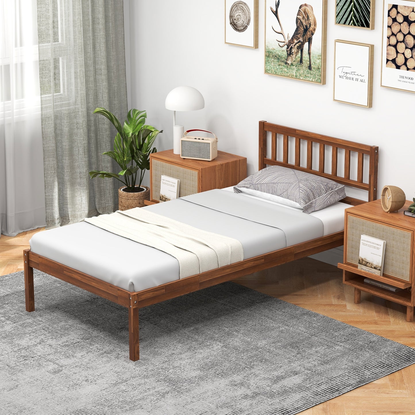 Twin/Full/Queen Size Wood Bed Frame with Headboard and Slat Support-Twin Size, Walnut Simple Bed Frame at Gallery Canada