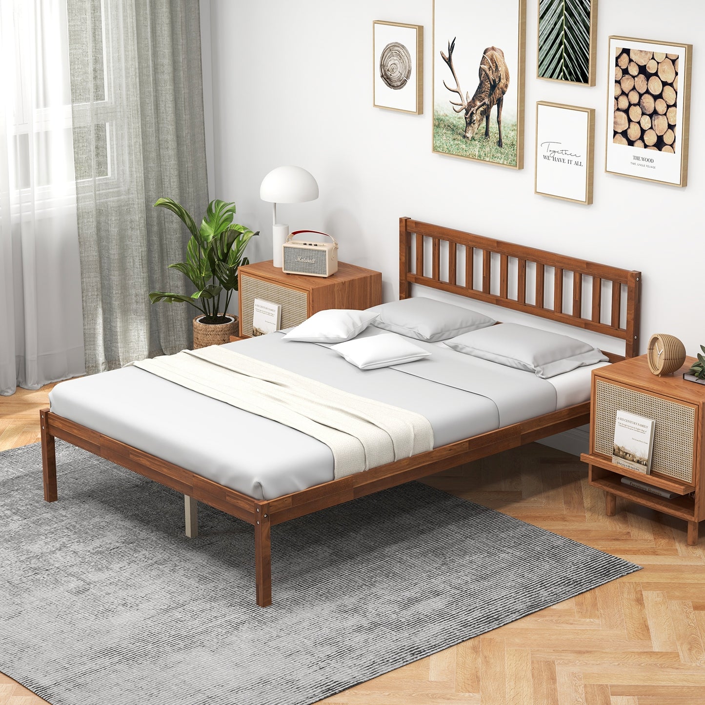 Full Size Wood Bed Frame With Headboard, Slat Support, Walnut Simple Bed Frame at Gallery Canada