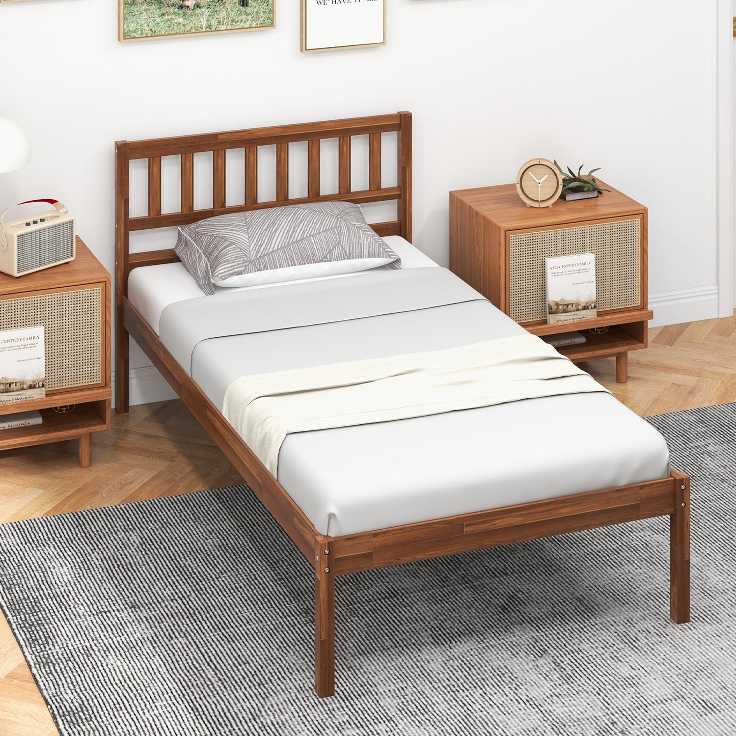 Twin/Full/Queen Size Wood Bed Frame with Headboard and Slat Support-Twin Size, Walnut Simple Bed Frame at Gallery Canada