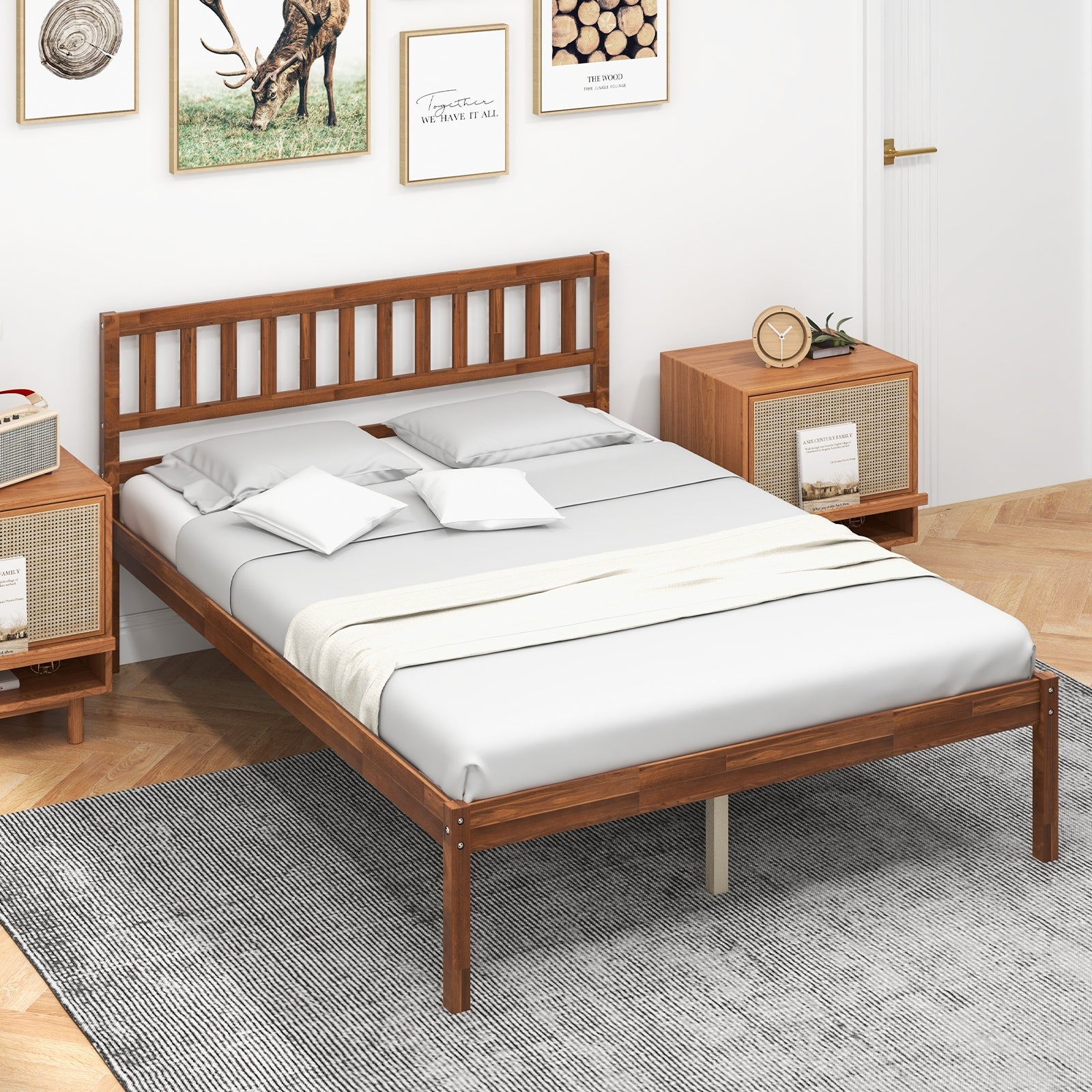 Full Size Wood Bed Frame With Headboard, Slat Support, Walnut Simple Bed Frame at Gallery Canada