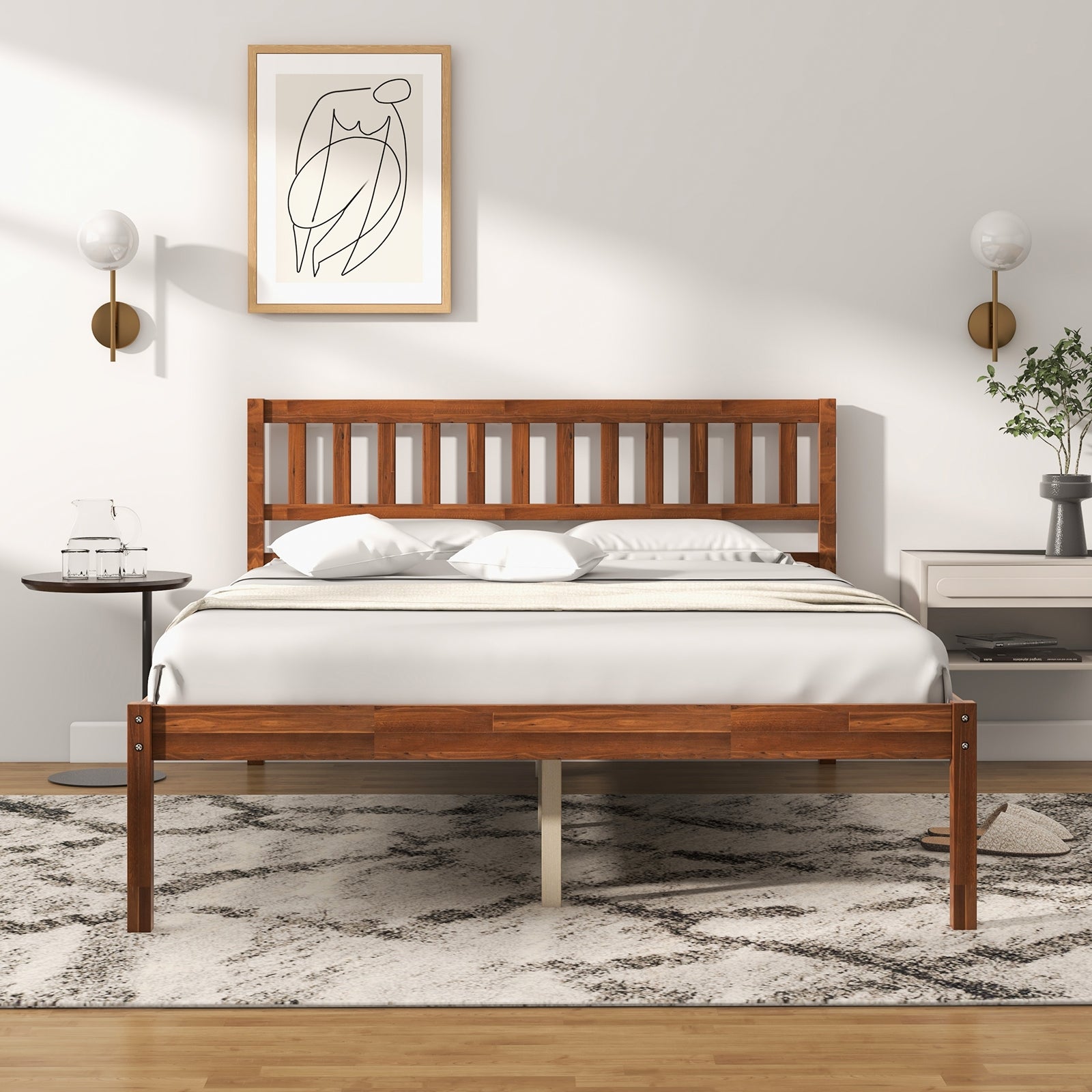 Full Size Wood Bed Frame With Headboard, Slat Support, Walnut Simple Bed Frame at Gallery Canada