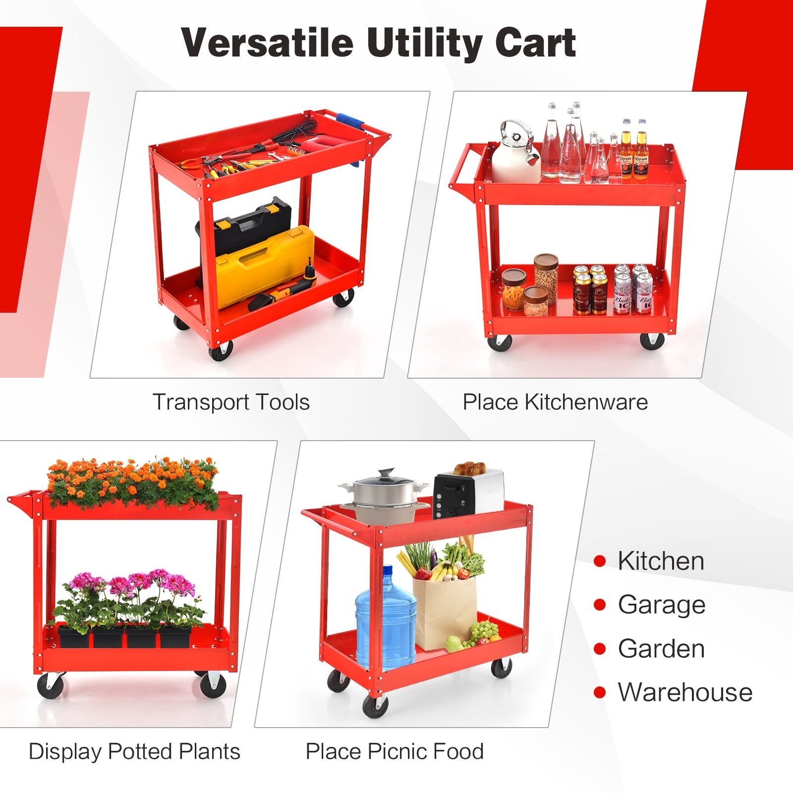 2-Tier Utility Cart, Heavy-Duty Metal Frame, Red Garages at Gallery Canada
