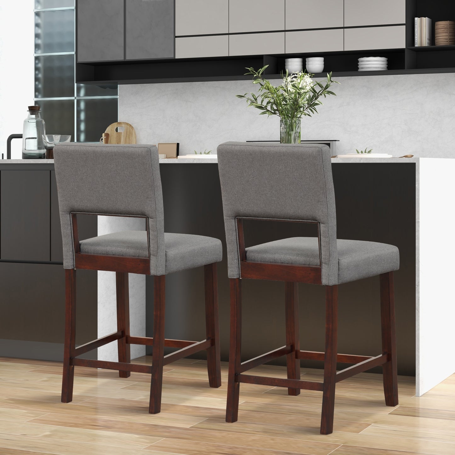 2 Piece Bar Chair Set, Hollowed Back, Rubber Wood Legs, Gray Bar Stools at Gallery Canada