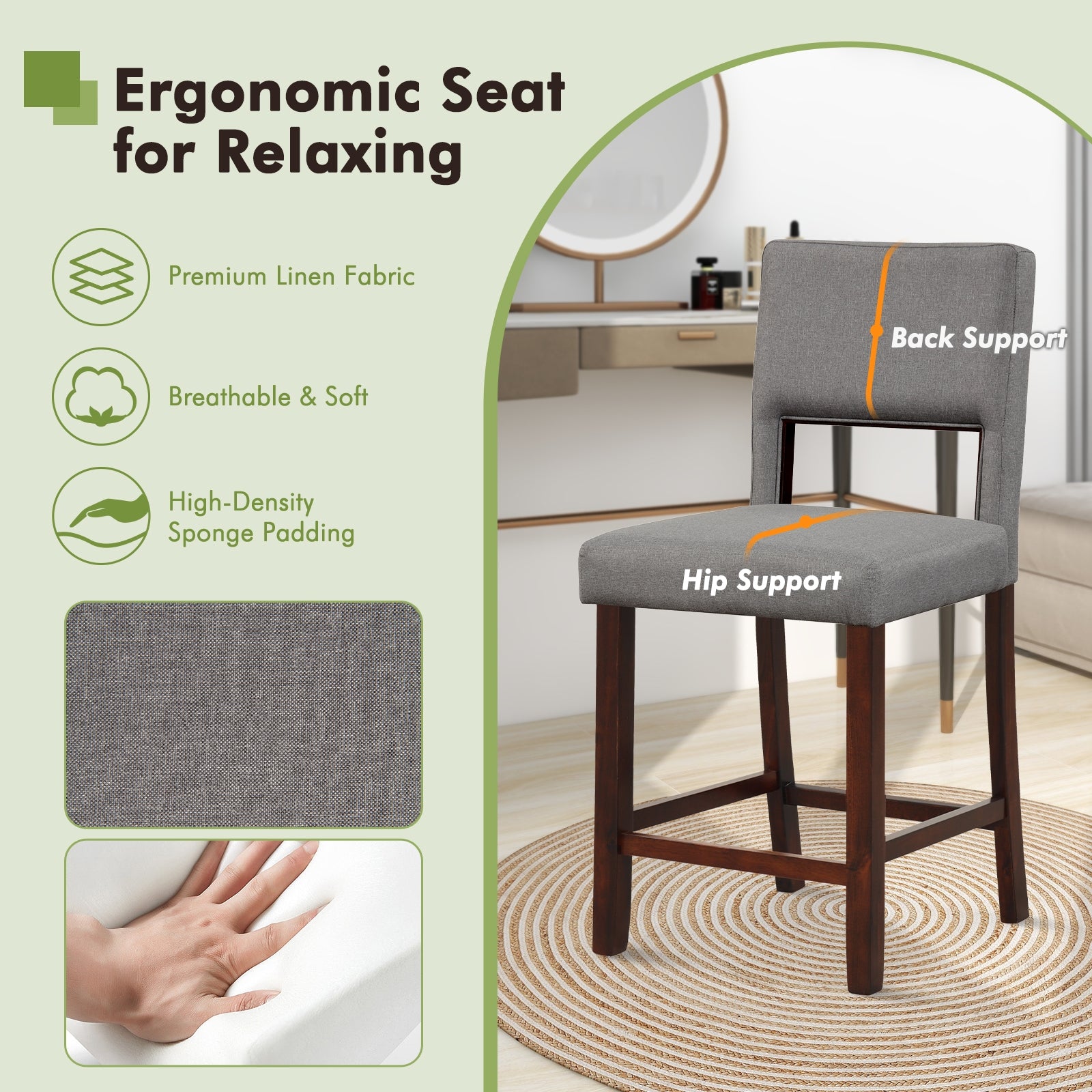 2 Piece Bar Chair Set, Hollowed Back, Rubber Wood Legs, Gray Bar Stools at Gallery Canada