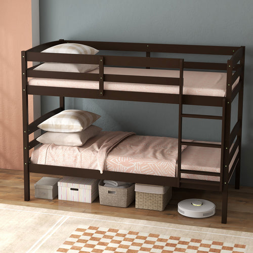 Solid Wood Twin Over Twin Bunk Bed, High Guardrails, Integrated Ladder, Espresso