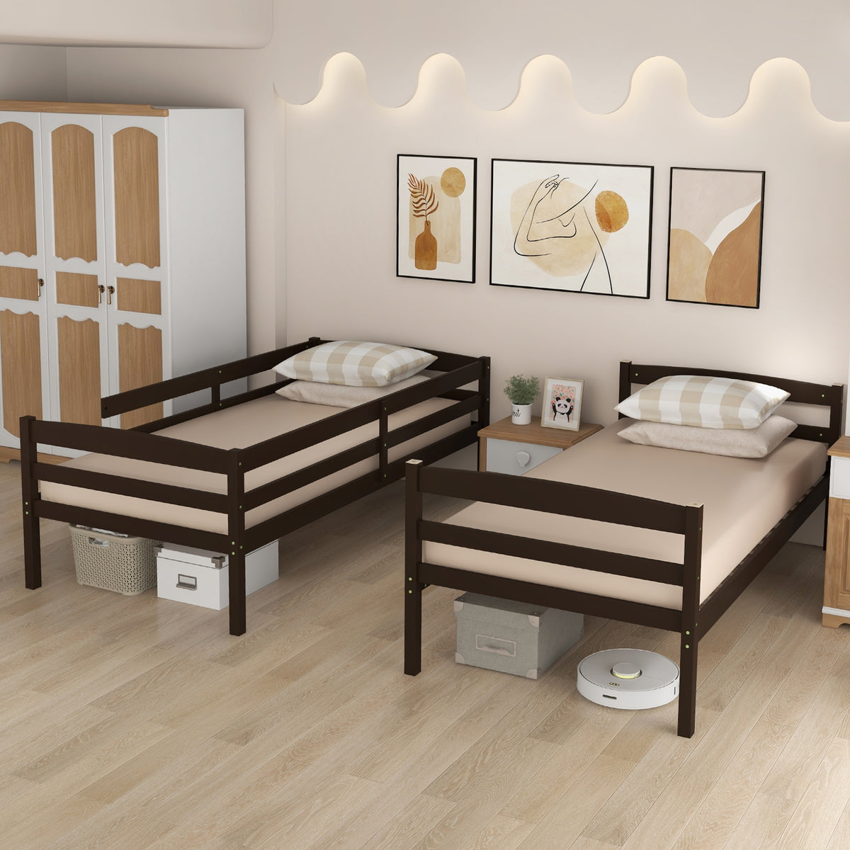 Solid Wood Twin Over Twin Bunk Bed, High Guardrails, Integrated Ladder, Espresso Bunk Bed Frame at Gallery Canada