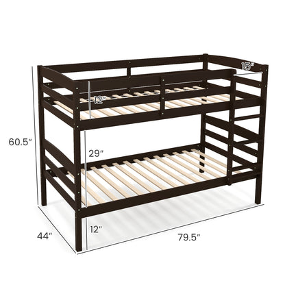 Solid Wood Twin Over Twin Bunk Bed, High Guardrails, Integrated Ladder, Espresso Bunk Bed Frame at Gallery Canada