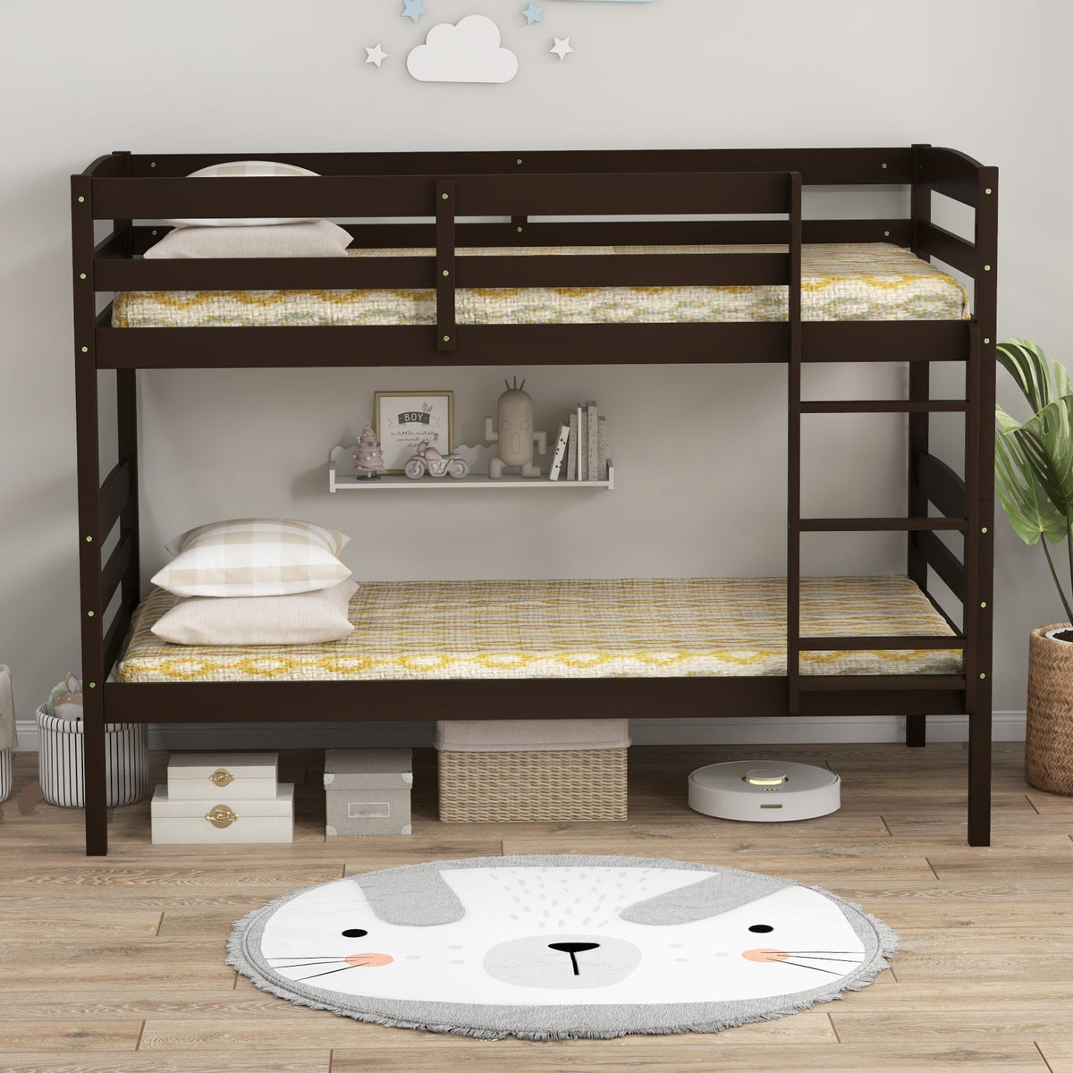 Solid Wood Twin Over Twin Bunk Bed, High Guardrails, Integrated Ladder, Espresso Bunk Bed Frame at Gallery Canada