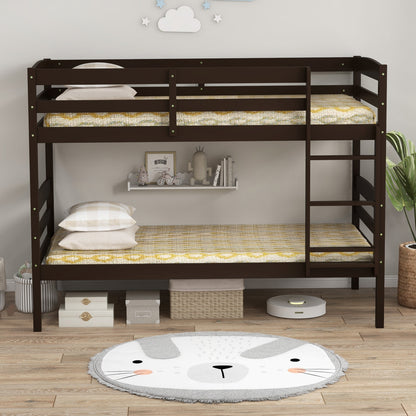 Solid Wood Twin Over Twin Bunk Bed, High Guardrails, Integrated Ladder, Espresso Bunk Bed Frame at Gallery Canada