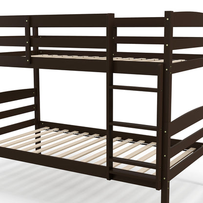 Solid Wood Twin Over Twin Bunk Bed, High Guardrails, Integrated Ladder, Espresso Bunk Bed Frame at Gallery Canada