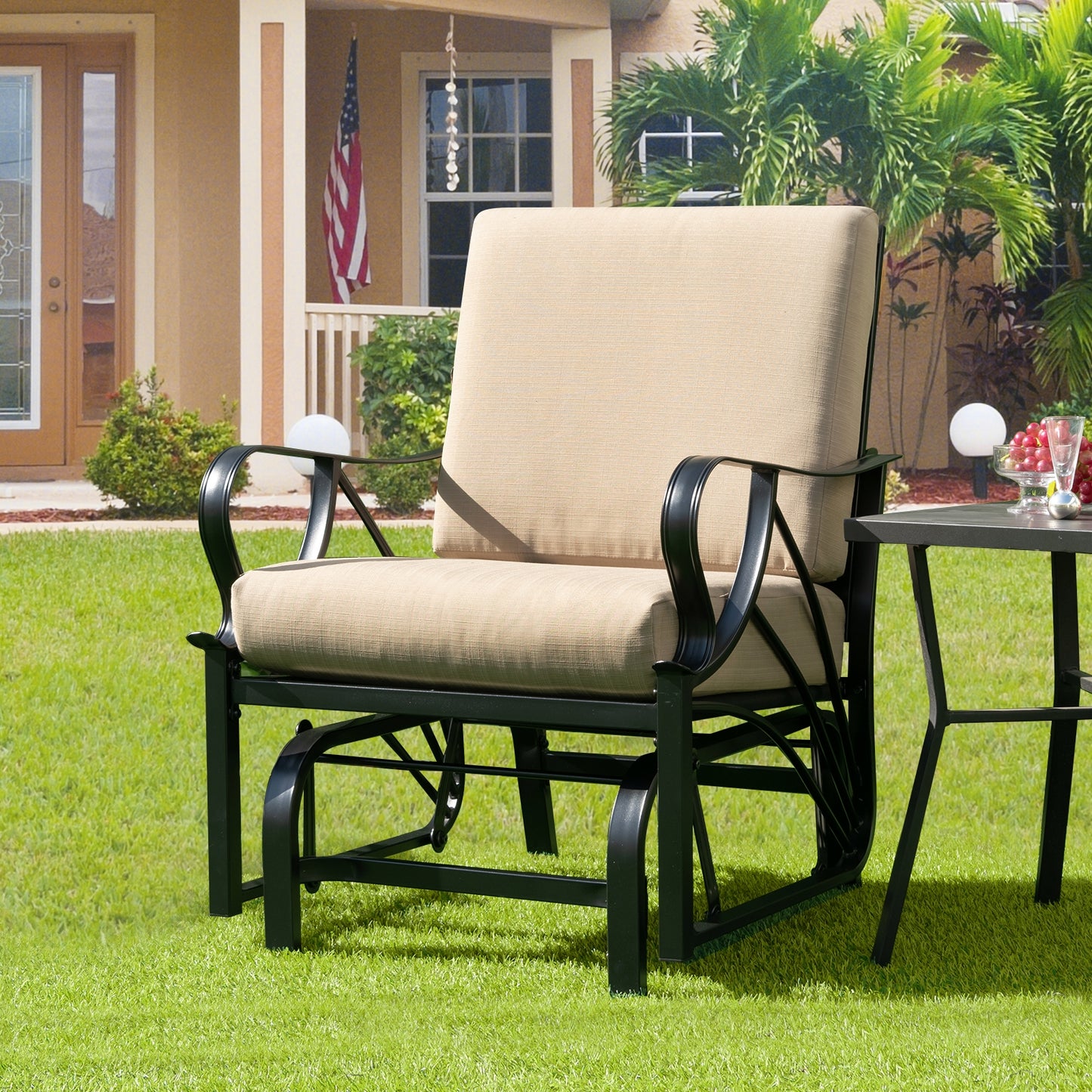 Patio Glider Rocking Chair, Thick Cushion, Curved Armrest, Tan Patio Rocking Chairs & Gliders at Gallery Canada
