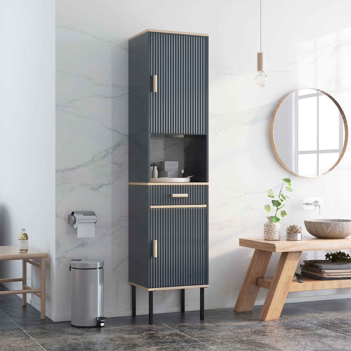 Free-Standing Bathroom Cabinet, Narrow Linen, Doors And Drawer, Gray Floor Cabinets at Gallery Canada