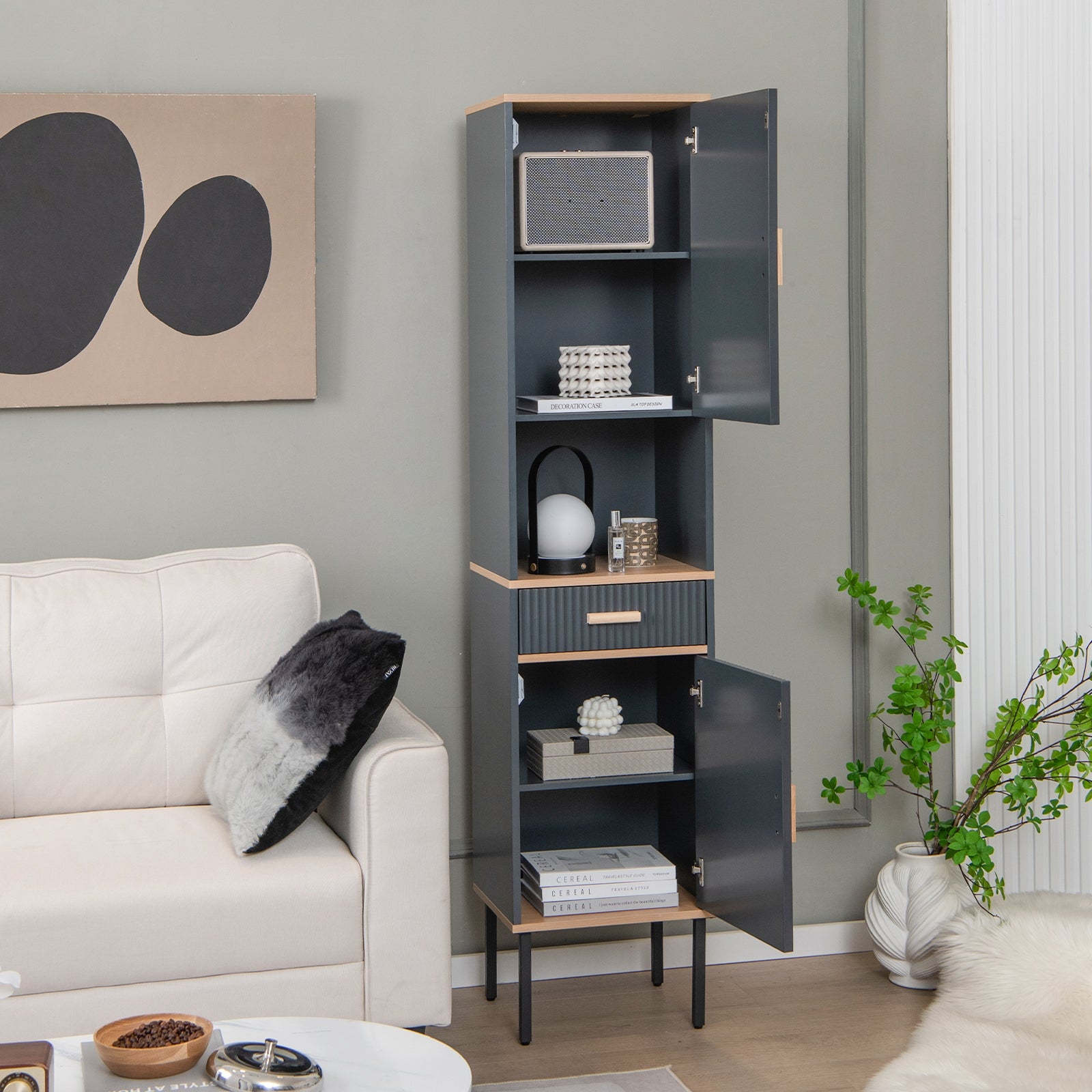 Free-Standing Bathroom Cabinet, Narrow Linen, Doors And Drawer, Gray Floor Cabinets at Gallery Canada