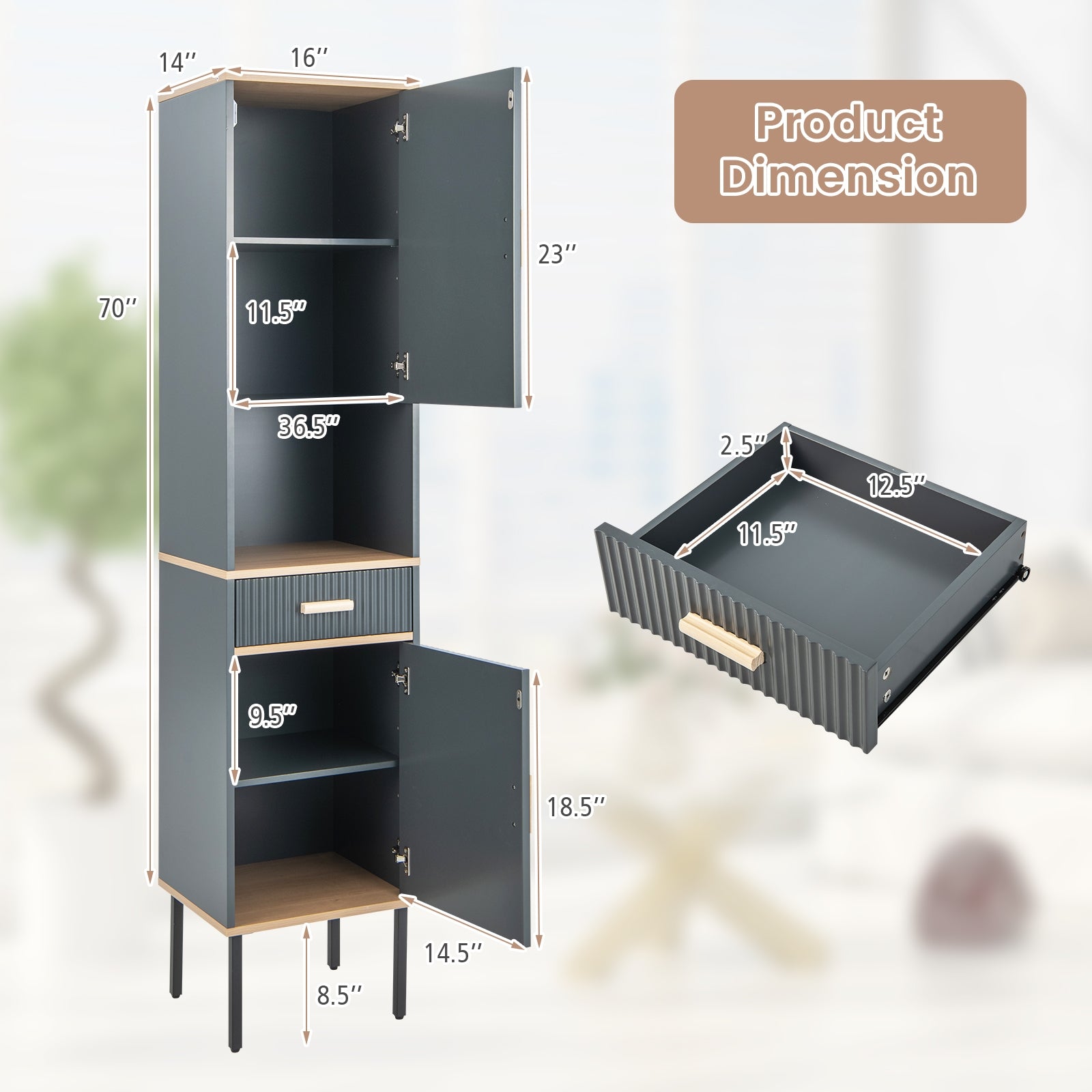 Free-Standing Bathroom Cabinet, Narrow Linen, Doors And Drawer, Gray Floor Cabinets at Gallery Canada