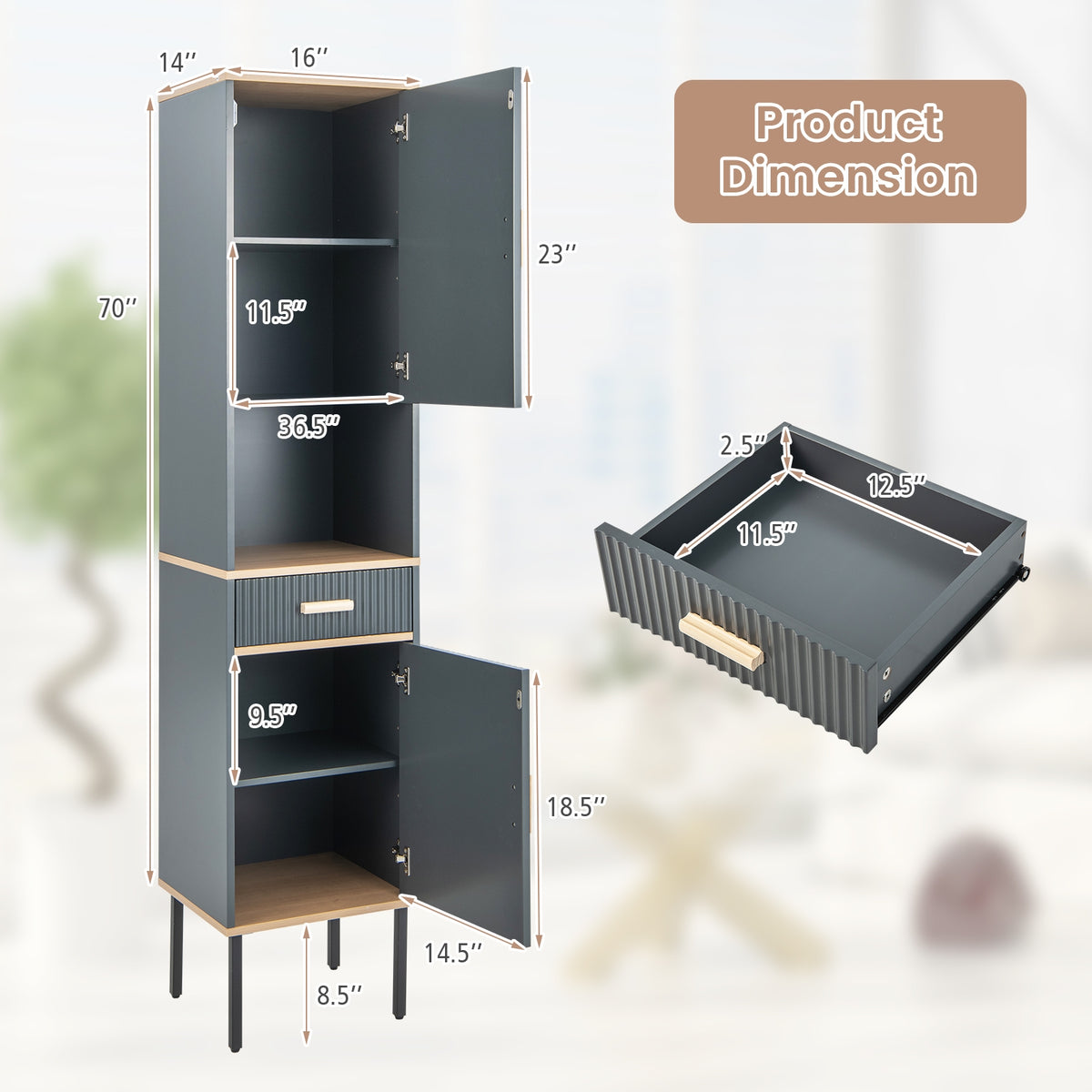 Free-Standing Bathroom Cabinet, Narrow Linen, Doors And Drawer, Gray Floor Cabinets at Gallery Canada