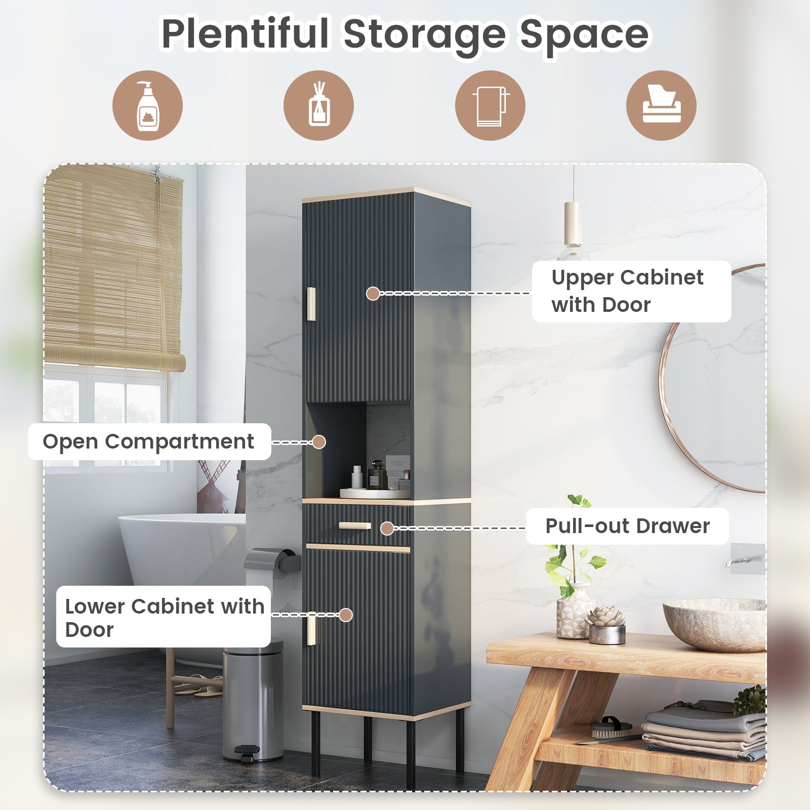 Free-Standing Bathroom Cabinet, Narrow Linen, Doors And Drawer, Gray Floor Cabinets at Gallery Canada