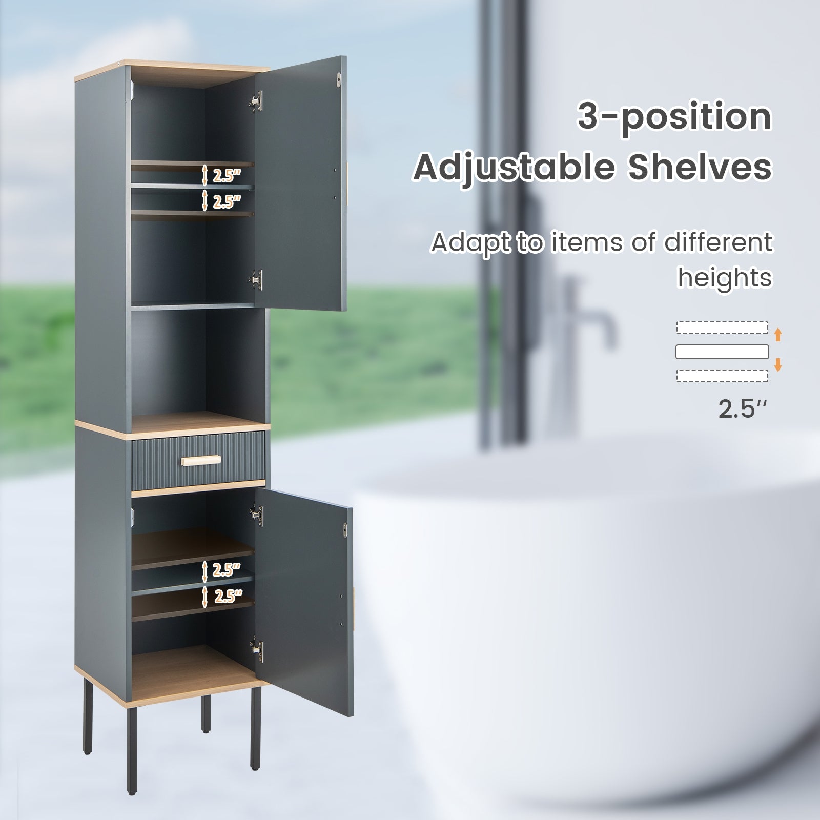 Free-Standing Bathroom Cabinet, Narrow Linen, Doors And Drawer, Gray Floor Cabinets at Gallery Canada