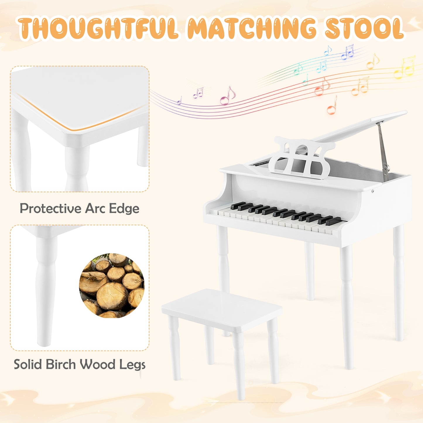 30-Key Wood Toy Kids Grand Piano, With Bench And Music Rack, White Pianos & Keyboards at Gallery Canada