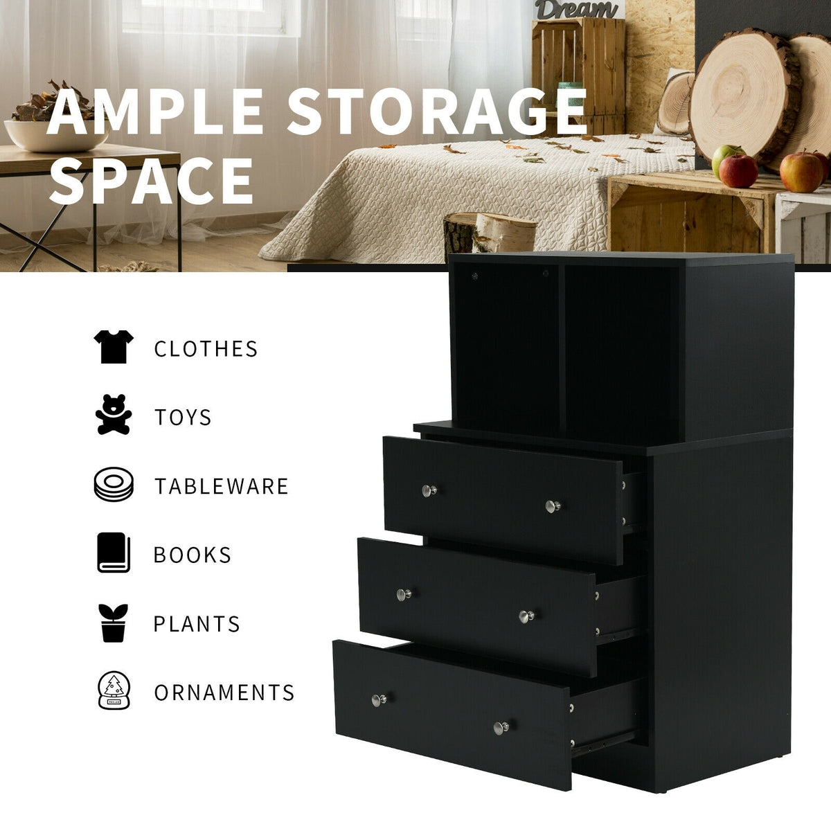3 Drawer Dresser With Cubbies Storage Chest, Black Dressers & Chests at Gallery Canada