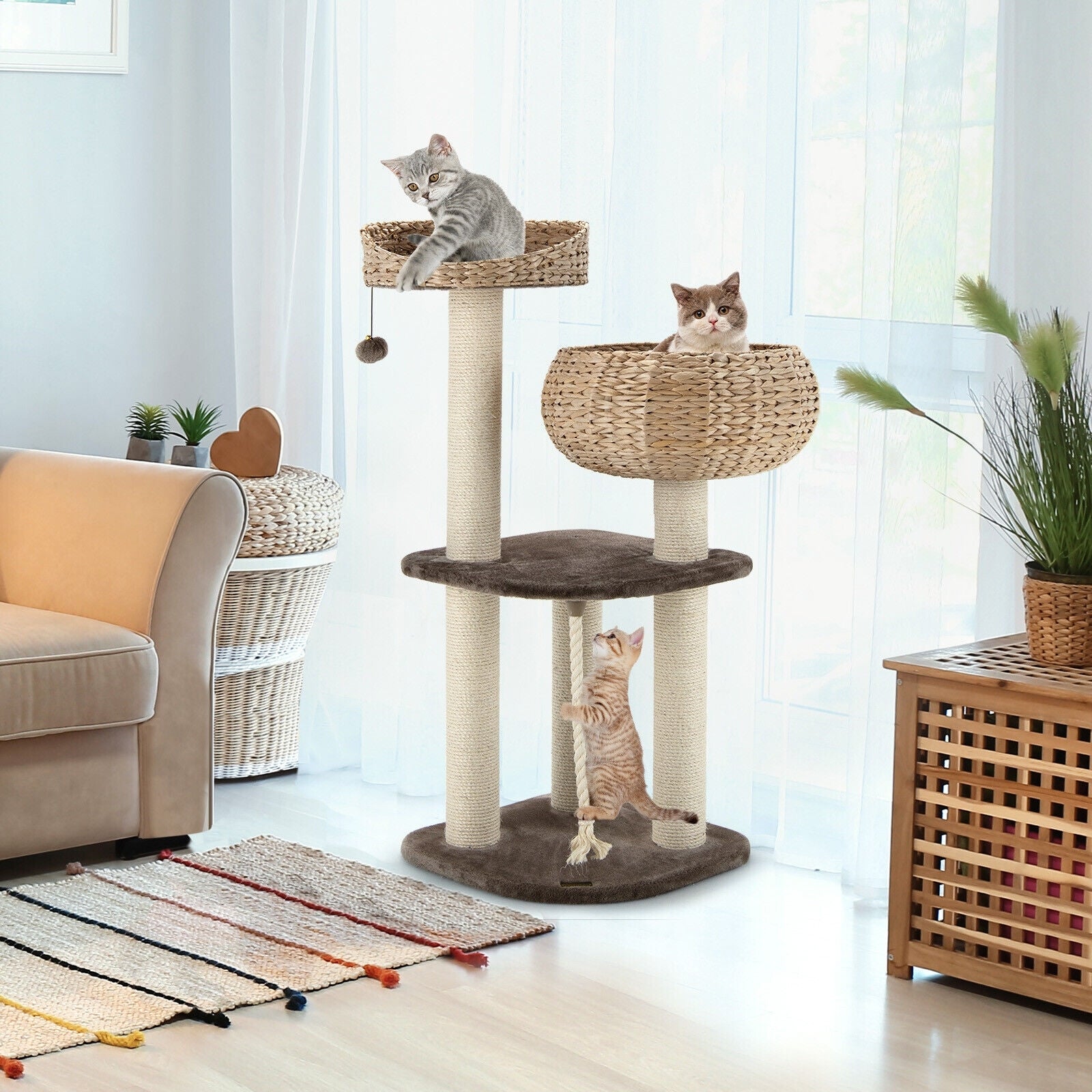 41 Inch Rattan Cat Tree, Napping Perch, Beige Cat Trees Condos & Scratchers at Gallery Canada
