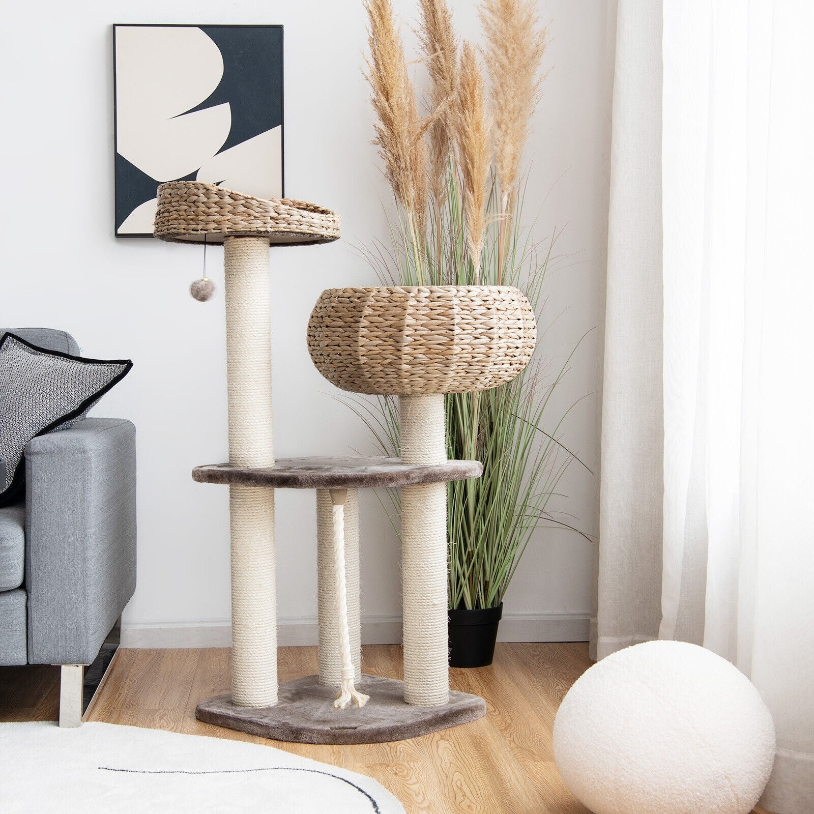 41 Inch Rattan Cat Tree, Napping Perch, Beige Cat Trees Condos & Scratchers at Gallery Canada
