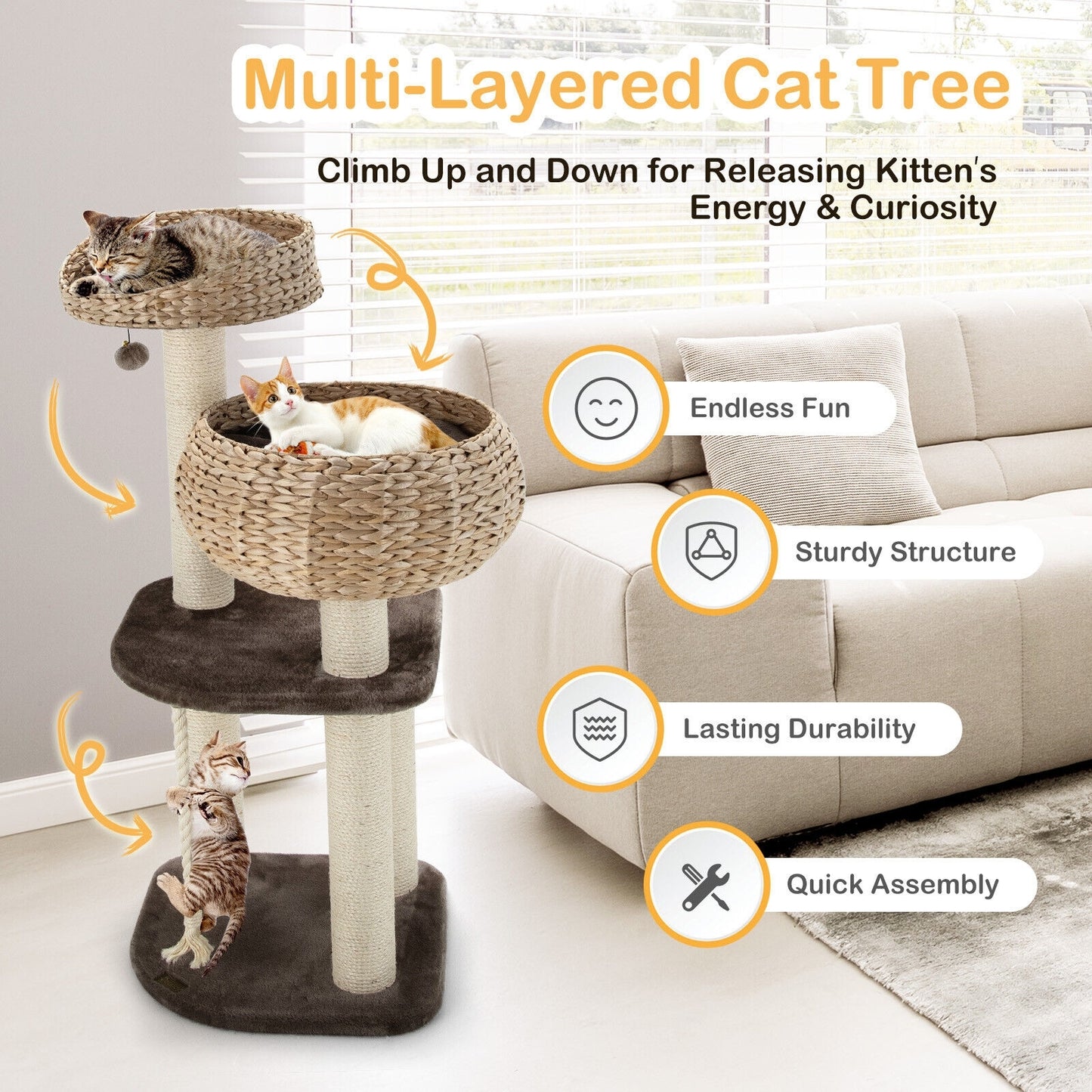 41 Inch Rattan Cat Tree, Napping Perch, Beige Cat Trees Condos & Scratchers at Gallery Canada