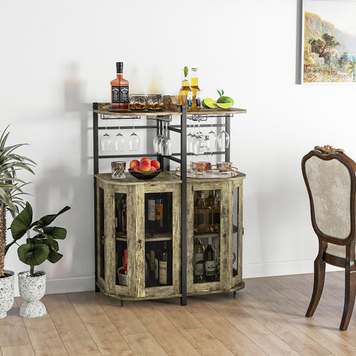 Industrial Corner Bar Cabinet, Adjustable Shelf, Glass Holder, Taupe