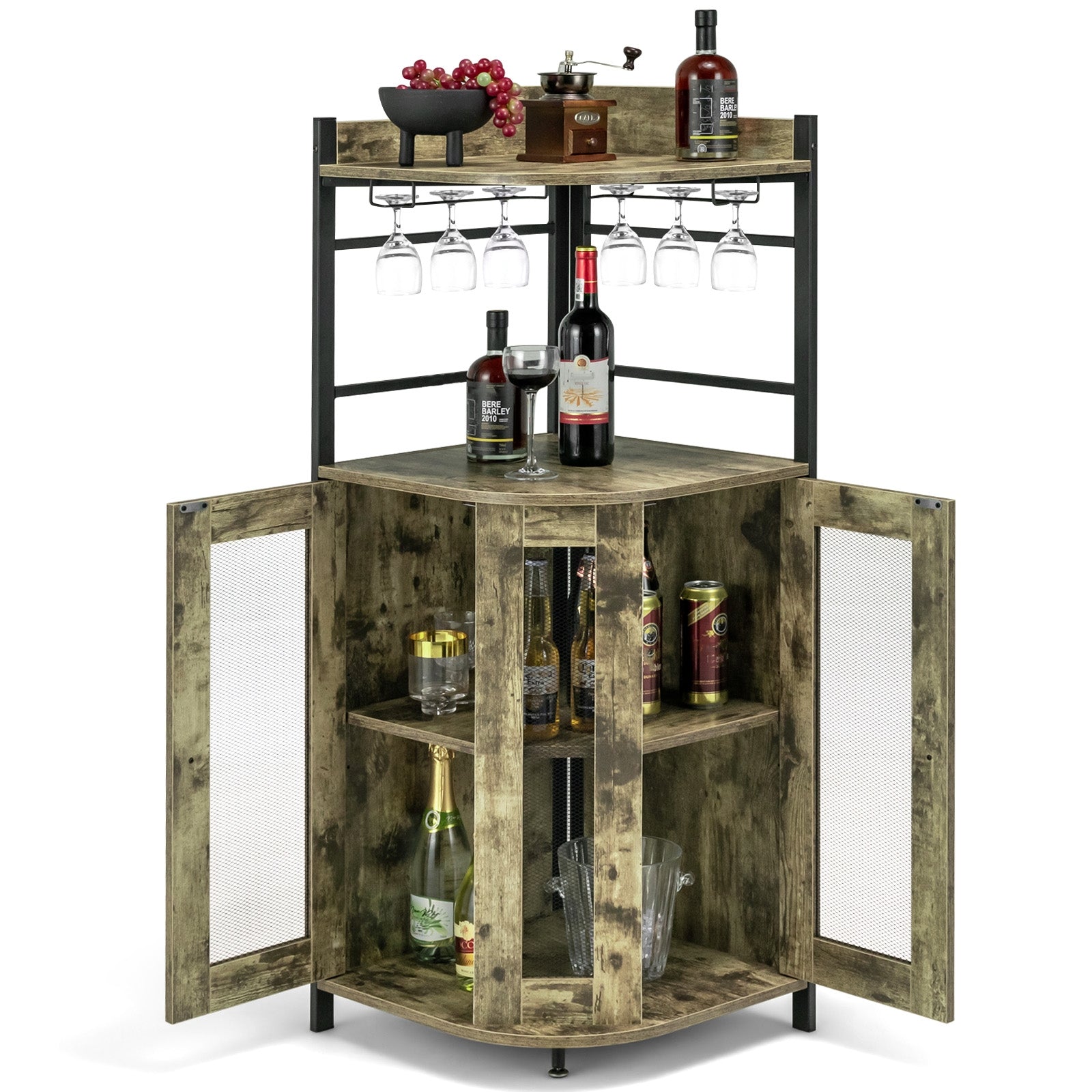 Industrial Corner Bar Cabinet, Adjustable Shelf, Glass Holder, Taupe Cabinets & Chests at Gallery Canada