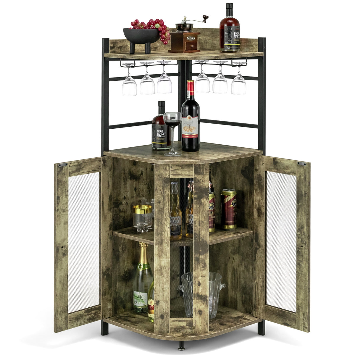 Industrial Corner Bar Cabinet, Adjustable Shelf, Glass Holder, Taupe Cabinets & Chests at Gallery Canada