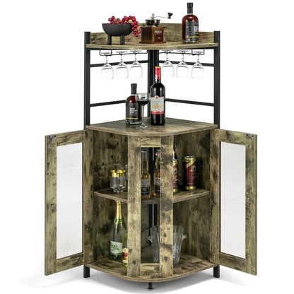 Industrial Corner Bar Cabinet, Adjustable Shelf, Glass Holder, Taupe Cabinets & Chests at Gallery Canada
