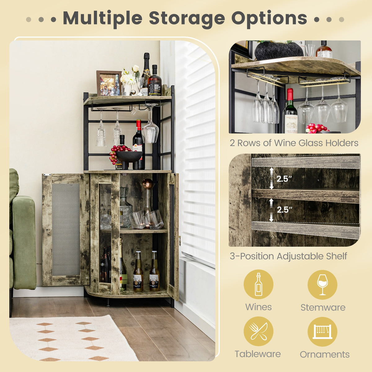 Industrial Corner Bar Cabinet, Adjustable Shelf, Glass Holder, Taupe Cabinets & Chests at Gallery Canada