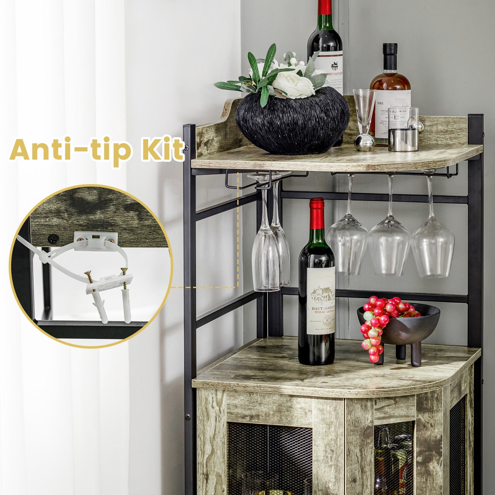 Industrial Corner Bar Cabinet, Adjustable Shelf, Glass Holder, Taupe Cabinets & Chests at Gallery Canada