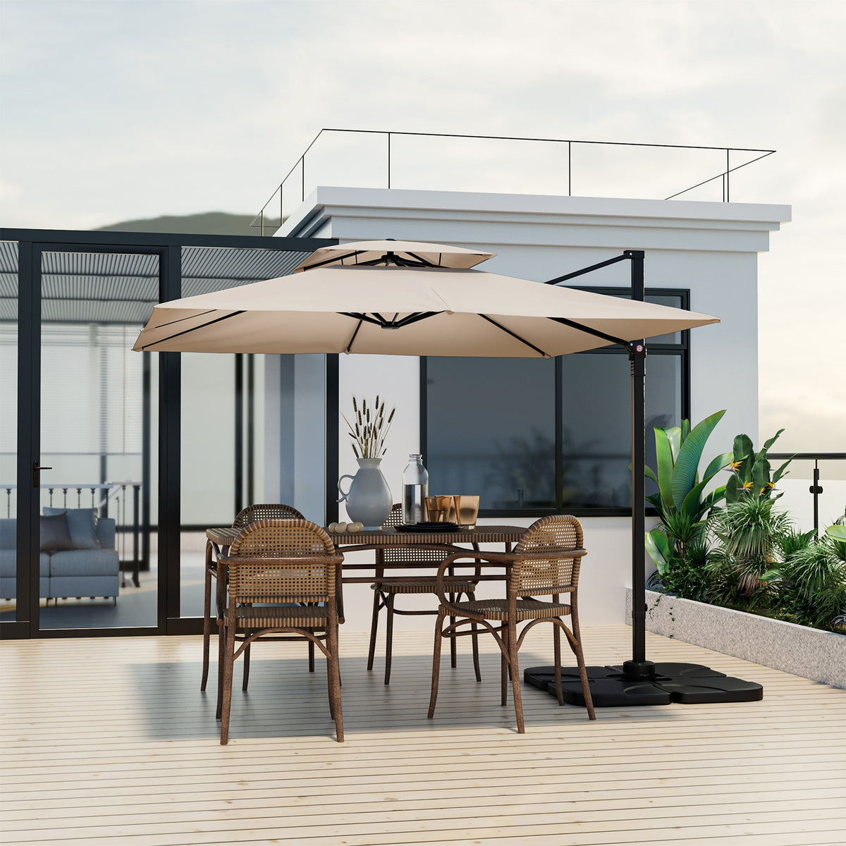 9.5 Feet Cantilever Patio Umbrella, 360° Rotation, Double Top, Beige Outdoor Umbrellas at Gallery Canada