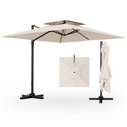 9.5 Feet Cantilever Patio Umbrella, 360° Rotation, Double Top, Beige Outdoor Umbrellas at Gallery Canada