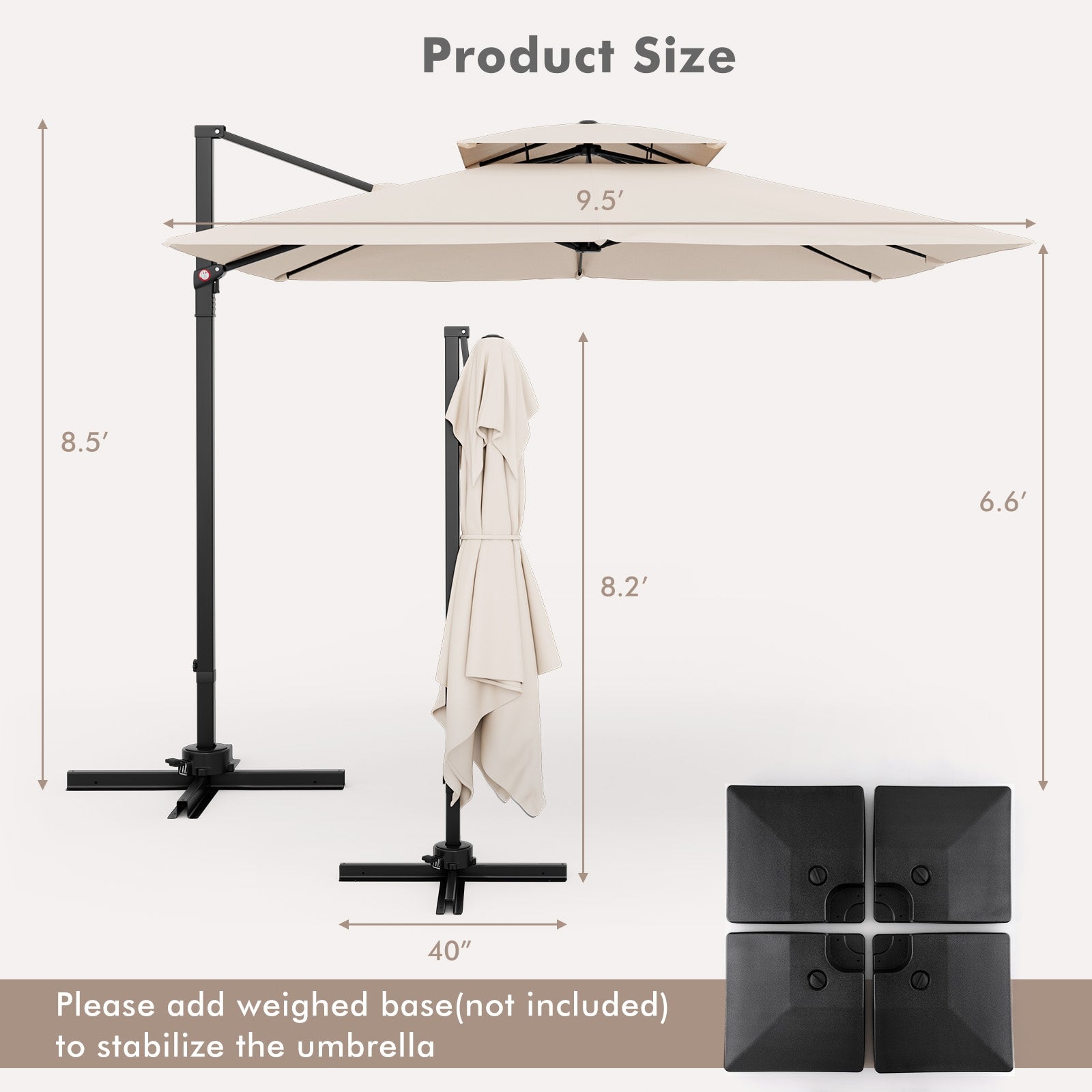 9.5 Feet Cantilever Patio Umbrella, 360° Rotation, Double Top, Beige Outdoor Umbrellas at Gallery Canada