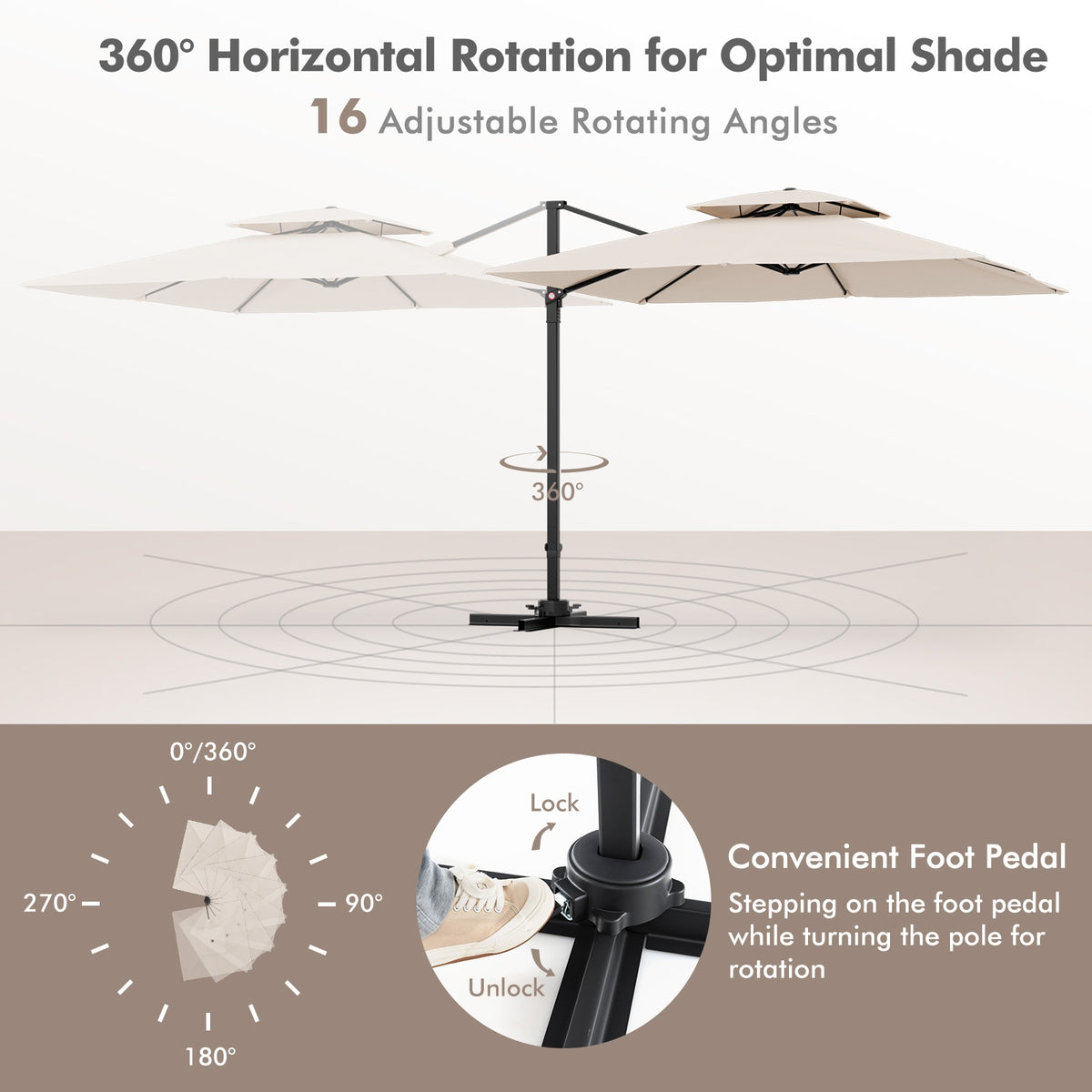9.5 Feet Cantilever Patio Umbrella, 360° Rotation, Double Top, Beige Outdoor Umbrellas at Gallery Canada