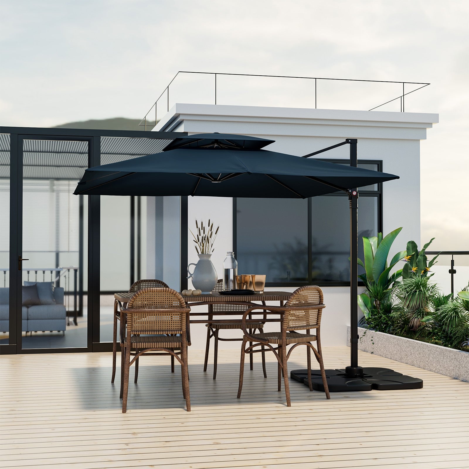 9.5 Feet Cantilever Patio Umbrella, 360° Rotation, Double Top, Navy Outdoor Umbrellas at Gallery Canada