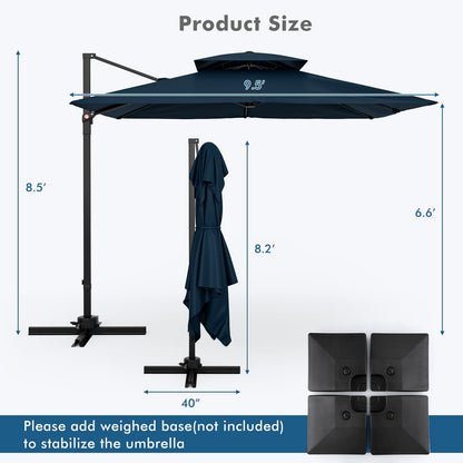 9.5 Feet Cantilever Patio Umbrella, 360° Rotation, Double Top, Navy Outdoor Umbrellas at Gallery Canada