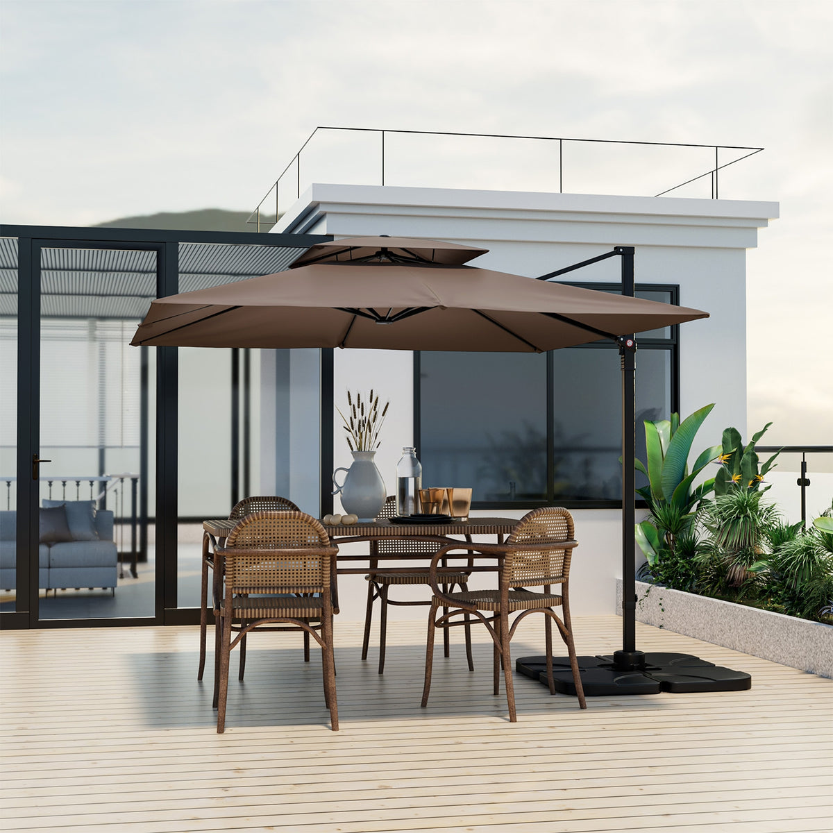 9.5 Feet Cantilever Patio Umbrella, 360° Rotation, Double Top, Coffee Outdoor Umbrellas at Gallery Canada