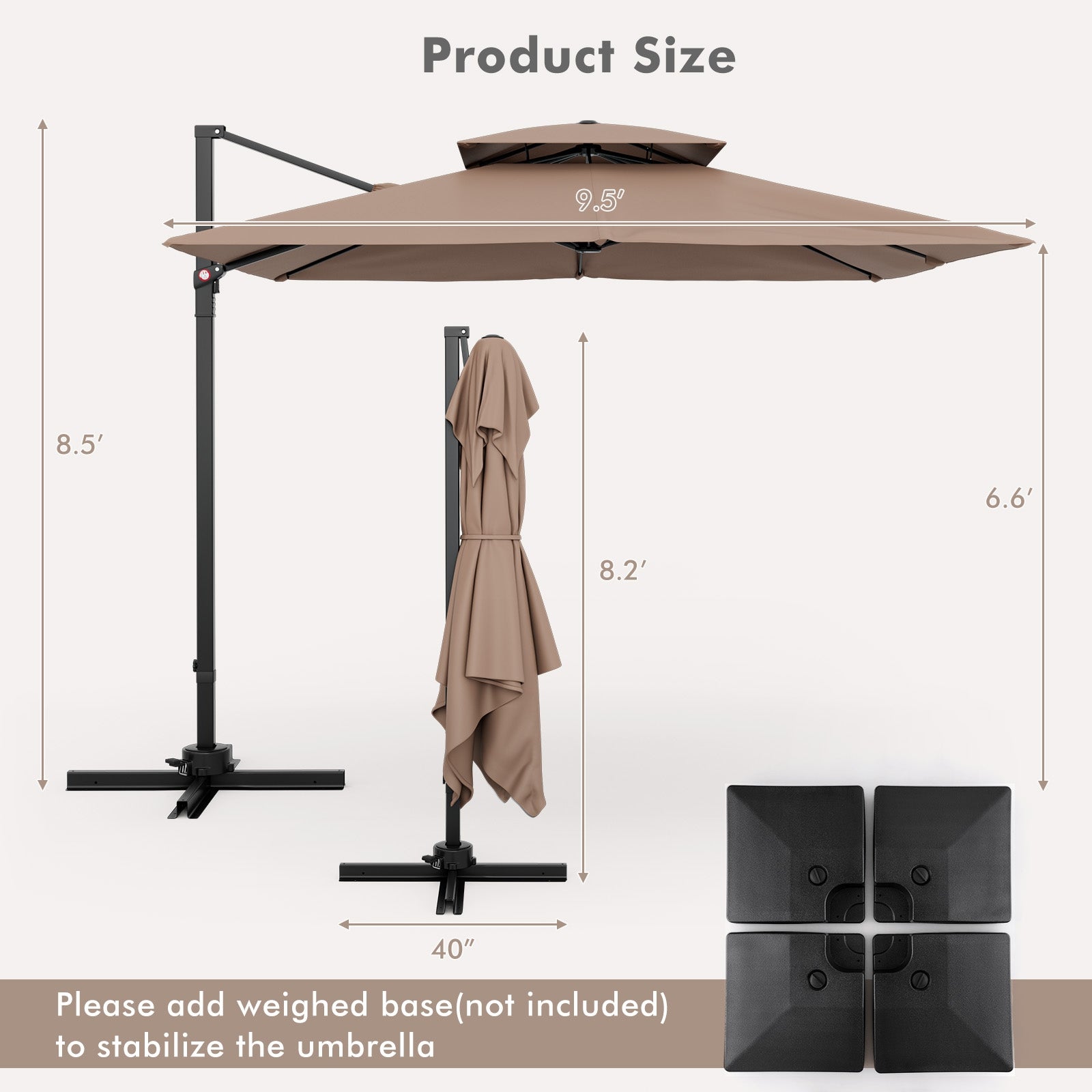9.5 Feet Cantilever Patio Umbrella, 360° Rotation, Double Top, Coffee Outdoor Umbrellas at Gallery Canada