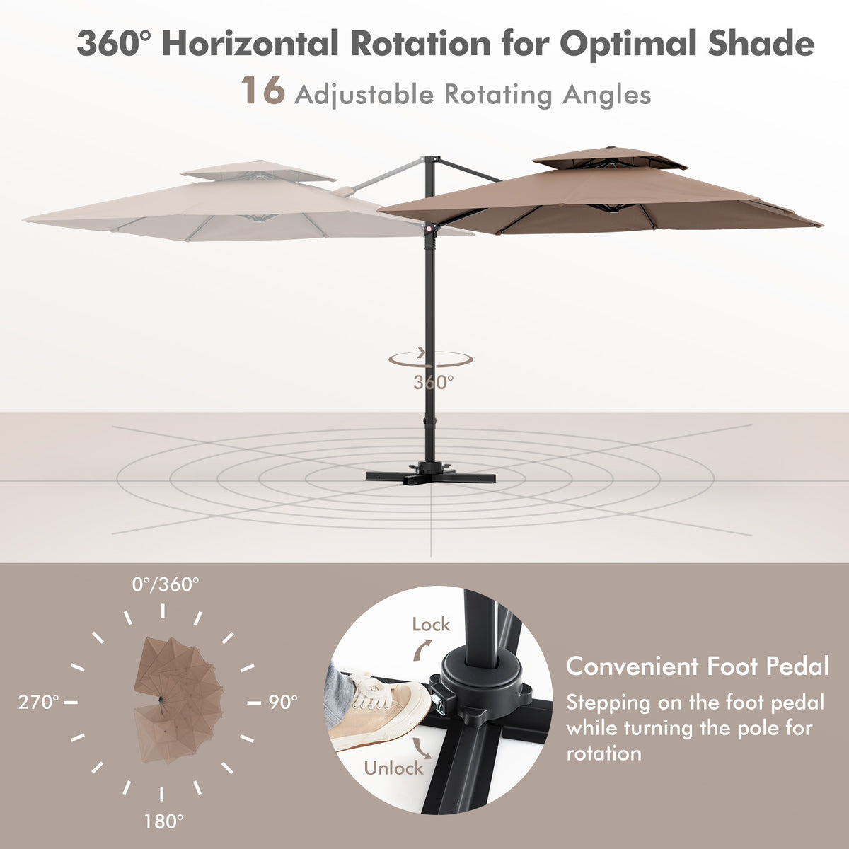 9.5 Feet Cantilever Patio Umbrella, 360° Rotation, Double Top, Coffee Outdoor Umbrellas at Gallery Canada