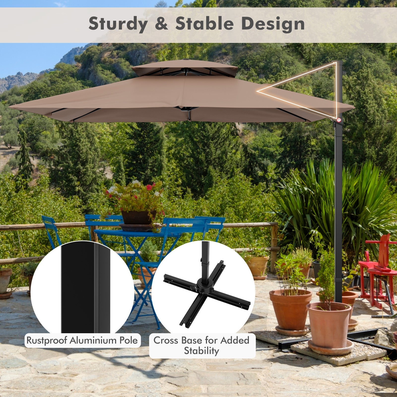 9.5 Feet Cantilever Patio Umbrella, 360° Rotation, Double Top, Coffee Outdoor Umbrellas at Gallery Canada