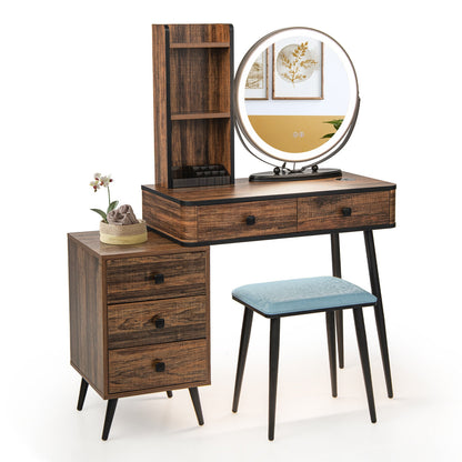 Vanity Table Set With 3-Color Lighted Mirror, Cushioned Stool, Rustic Brown Makeup Vanities at Gallery Canada