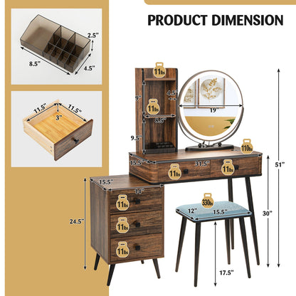Vanity Table Set With 3-Color Lighted Mirror, Cushioned Stool, Rustic Brown Makeup Vanities at Gallery Canada