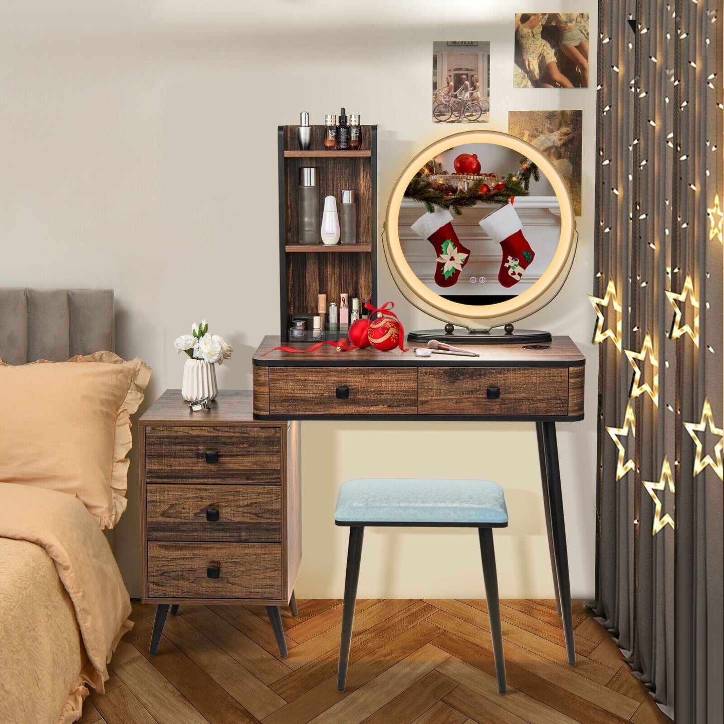Vanity Table Set With 3-Color Lighted Mirror, Cushioned Stool, Rustic Brown Makeup Vanities at Gallery Canada