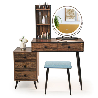 Vanity Table Set With 3-Color Lighted Mirror, Cushioned Stool, Rustic Brown Makeup Vanities at Gallery Canada